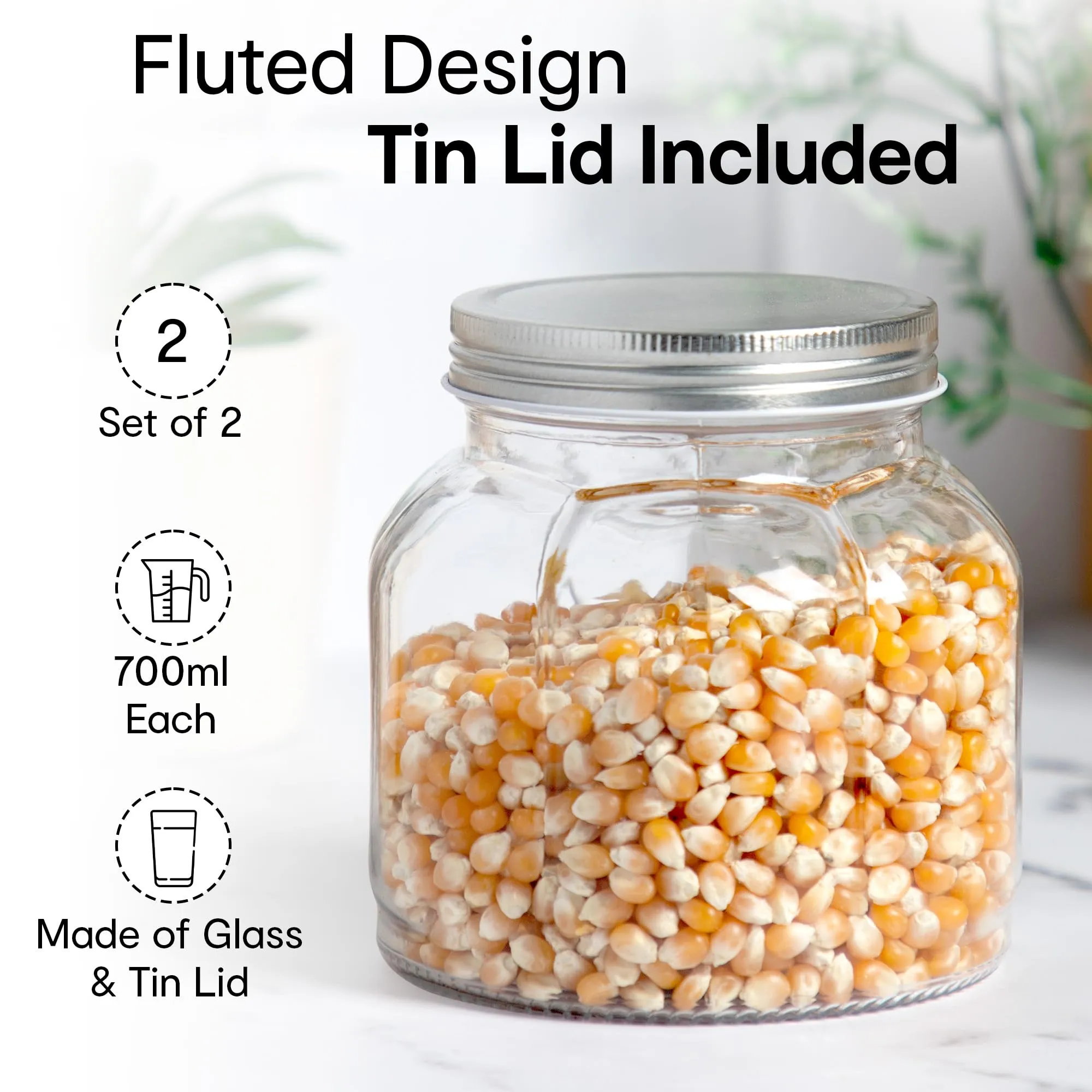Anko 700Ml Clear Fluted Glass Jar For Kitchen Storage|Set Of 2|Airtight Container Set For Kitchen With Corrosion Resistant Tin Lid|Dishwasher Safe Kitchen Storage Container Set For Flour/Cereal,Blue