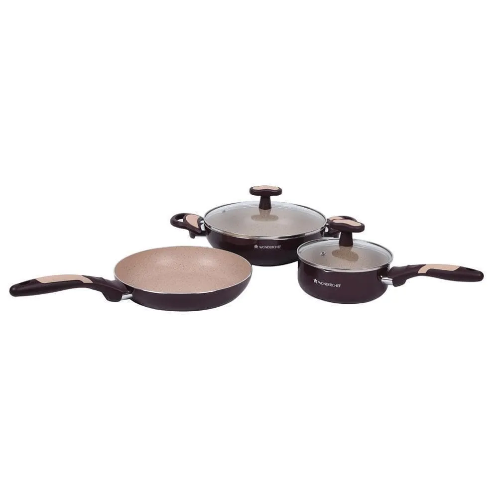 5-Piece Burlington Nonstick Cookware Set with Wok, Sauce Pan, Fry Pan - Induction Bottom, Soft-Touch Handles, Virgin Grade Aluminium, PFOA/Heavy Metals Free, 3mm, 2-Year Warranty - Maroon and Beige